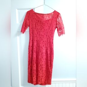 Small, red lace dress with zippered back.